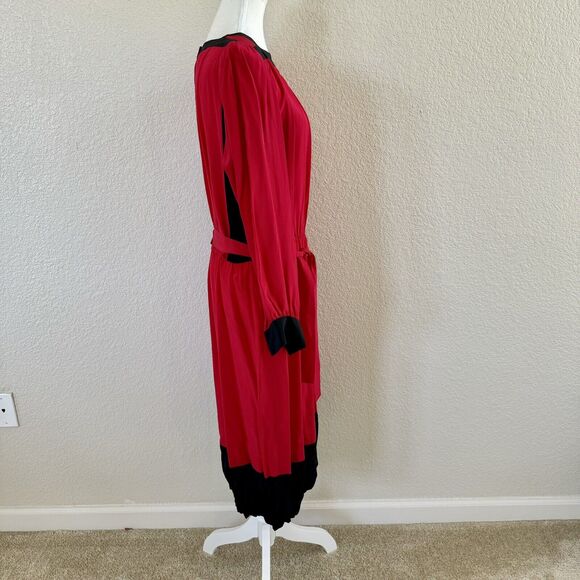Vintage Horchow Sz 12 Dress 100% Silk Red With Black Accents Drop Waist Sh Pads - Picture 7 of 16